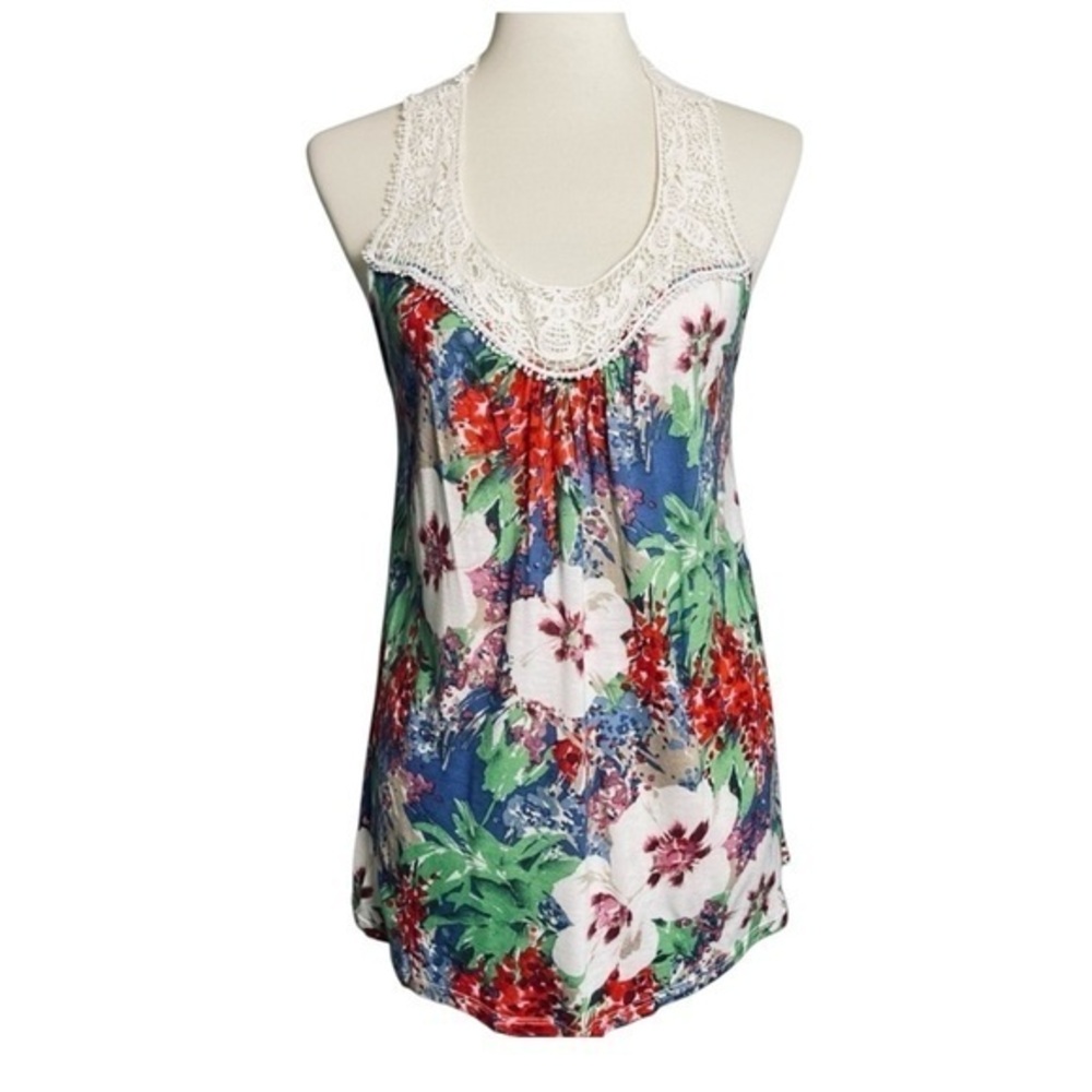 Forever 21 Green Red White Blue Crochet Floral Tank Top Racerback - Size Large